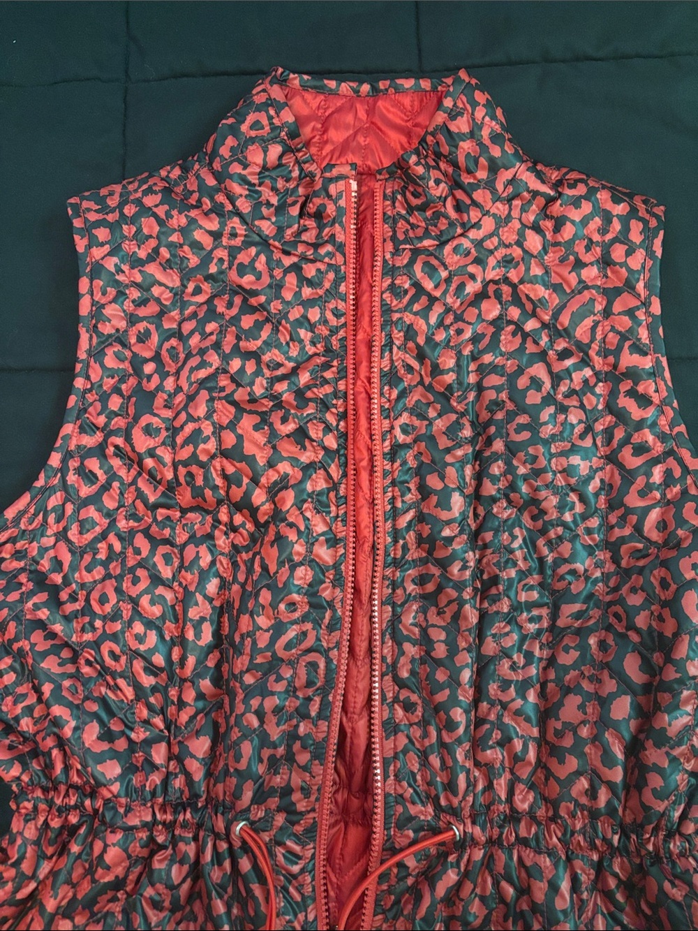 Chico's Red and Black Leopard-Print Puffer Vest